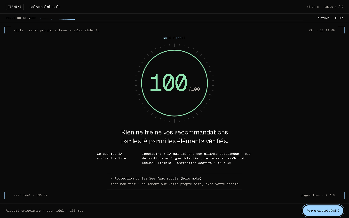 Scan de solvanelabs.fr du 3 octobre 2026 : note 100 sur 100, entreprise décrite.